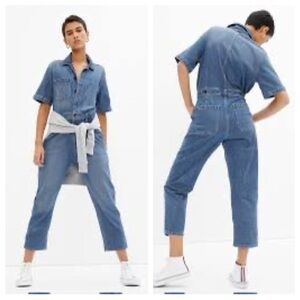 GAP Blue Denim Workwear Short Sleeve Jumpsuit Medium Indigo, size 12